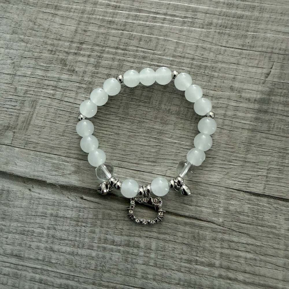 Hello Kitty Rhinestone Charm White Beaded Stretch Bracelet